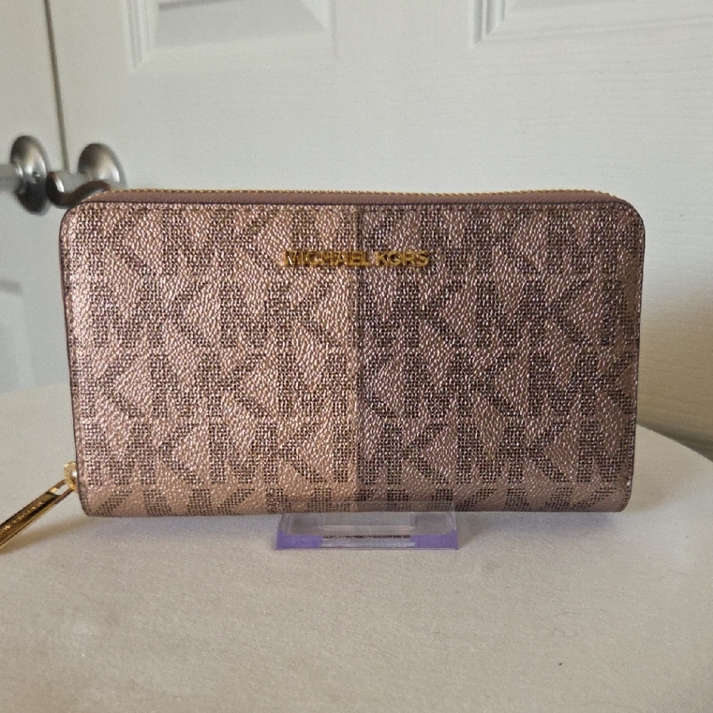 Michael Kors Jet Set Metallic Med Wristlet Wallet Rose Gold Multi